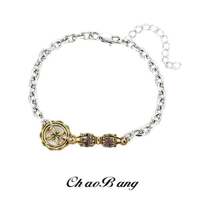 Cross-Border Xizang Ethnic Style Gold-Colored Vajra Rod Bracelet for Men, Niche, Simple, Retro, Light Luxury, Fashionable Jewelry