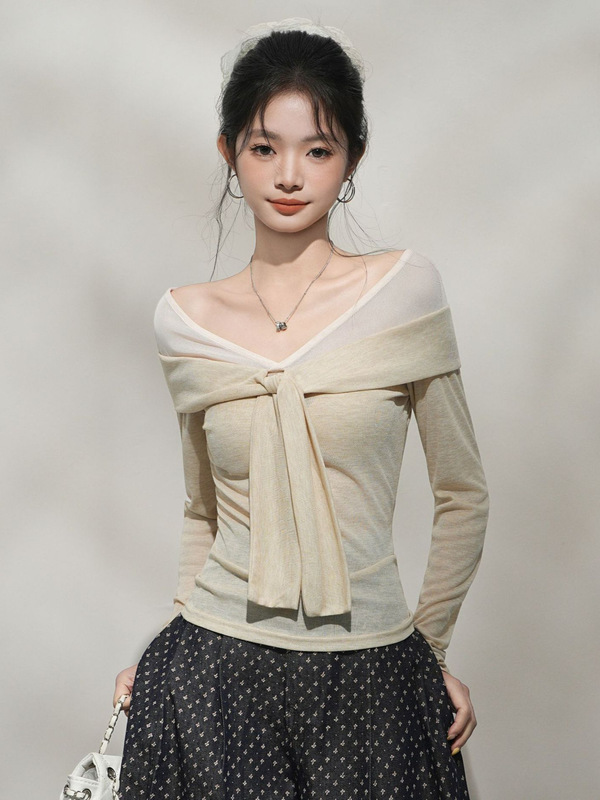 季优撞色假两件一字领网纱绑带长袖t恤女初秋新款修身高级感上衣|undefined