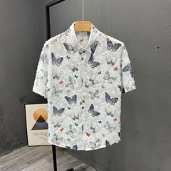 男性ビーチリゾート風蝶花シャツカジュアルごろつきかっこいいハワイ紳士服氷糸薄い半袖シャツ