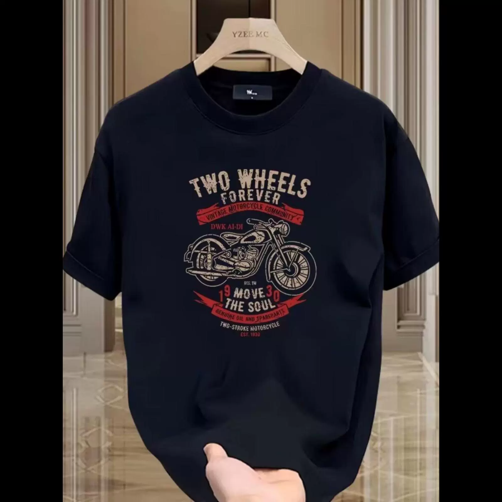 Мужская футболка с коротким рукавом Heavyweight Fun TikTok, летний ретро-мотоциклетный принт, обычные плечи, мужская футболка с круглым вырезом и половиной рукава.