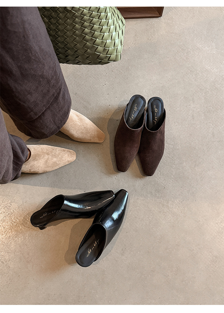 Giày mule nữ da cừu mũi vuông gót 4,5 cm, phong cách Hàn Quốc, dép nửa kéo tiện lợi — màu nâu chi tiết 1