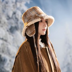 日系复古格子渔夫帽女士加绒加厚护耳帽户外防寒保暖东北雷锋帽子
