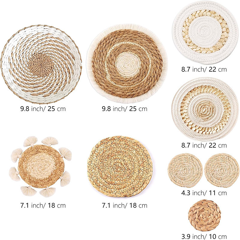 Juego de cesta de pared bohemia, decoración de paja tejida a mano para entrada, sala de estar y B&B, adornos colgantes