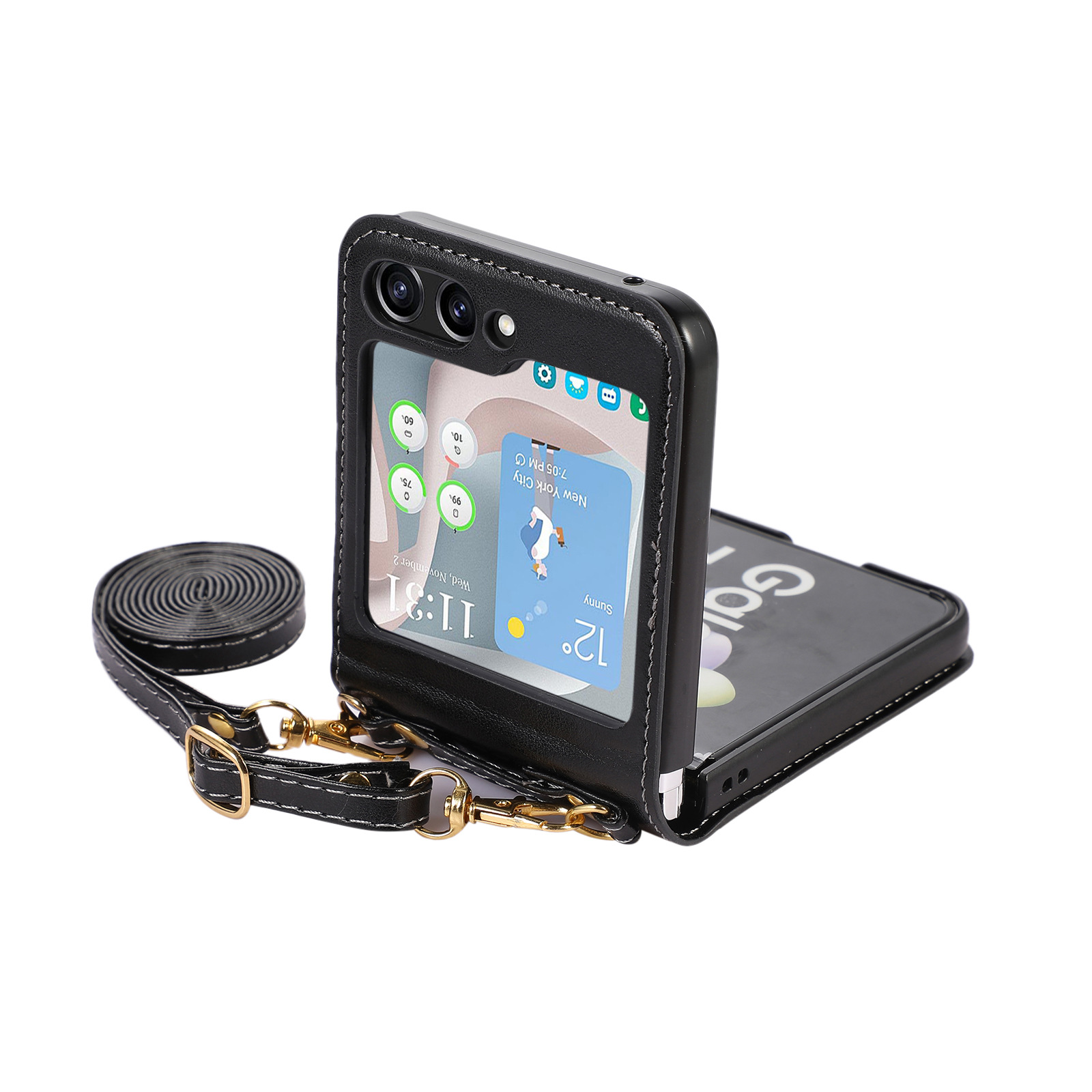Suitable for Samsung ZFlip5 color blocking glossy card ZFLIP3/4 diagonal hanging rope fashion socialite foldable phone_voghion.com