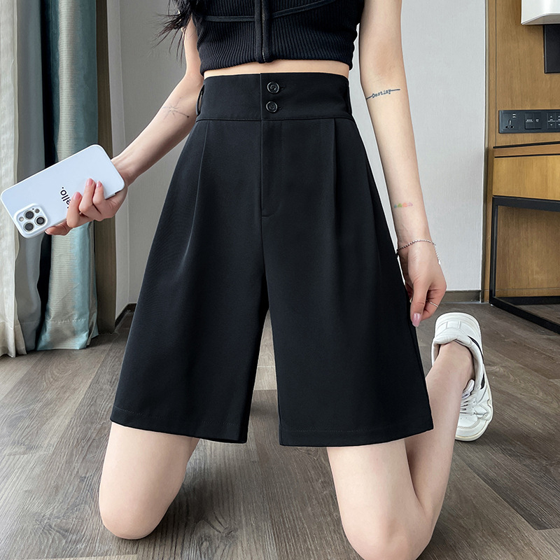 Suit Shorts Women's Casual Summer 2025 New High-Waisted Double-Breasted Black Straight Wide-Leg Five-Point A-Line Shorts