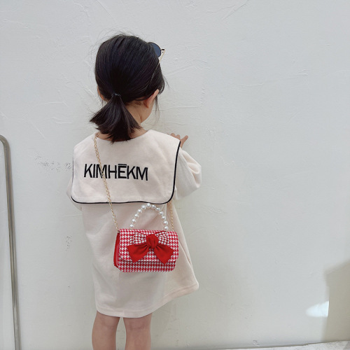 New Year's Children's Bag Big Red Small Fragrance Pearl Handbag Baby Bow Chain Bag Girls Coin Purse