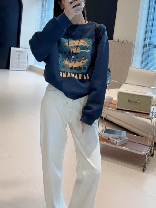 推荐质感自留 趣感印花圆领休宽松闲卫衣女早秋新款长袖上衣|undefined