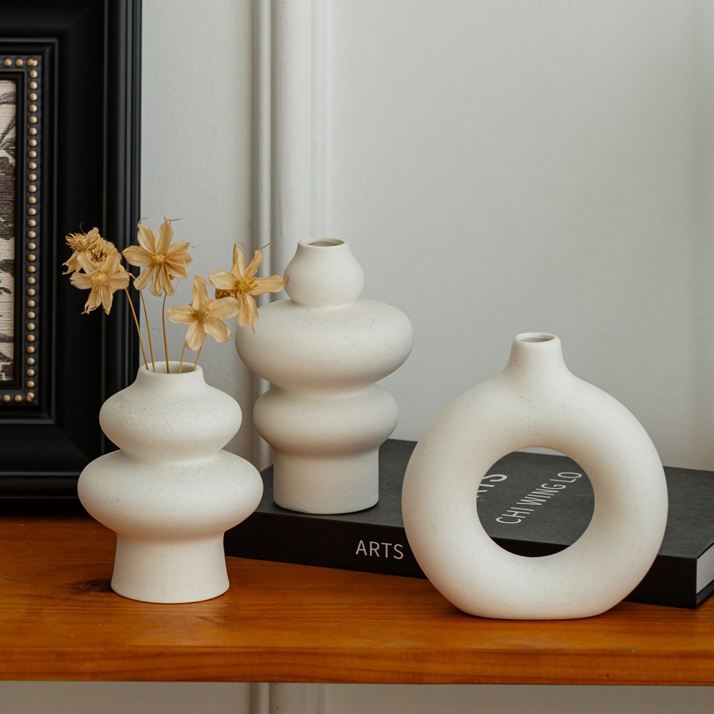 Jarrones Decorativos de Cerámica, Juego de 3 Piezas, Porcelana Blanca, Diseño Geométrico, para Decoración del Hogar