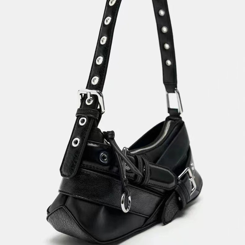 Z-Brand Cross-Border Women's Bag 2025 New Original Niche Retro Black Hot Girl Motorcycle Shoulder Bag Underarm Baguette Bag - Thumbnail 3