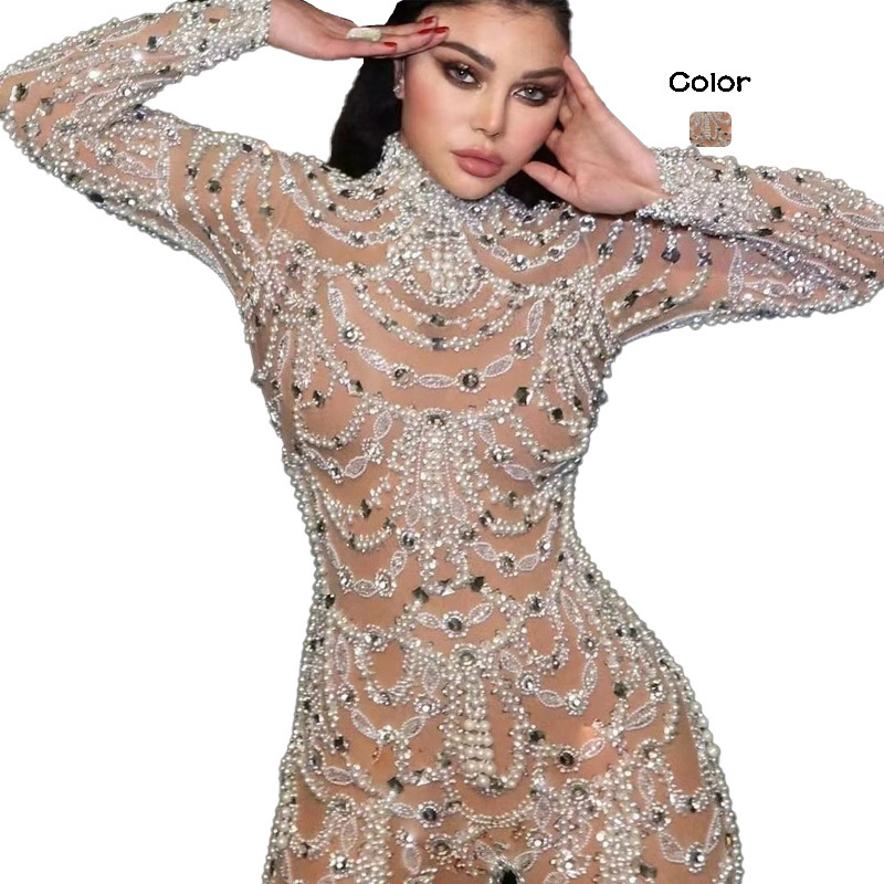 2025 New Cross-Border European and American Women's Clothing Amazon Dress Slim Fit See-Through Sequin Sexy Jumpsuit