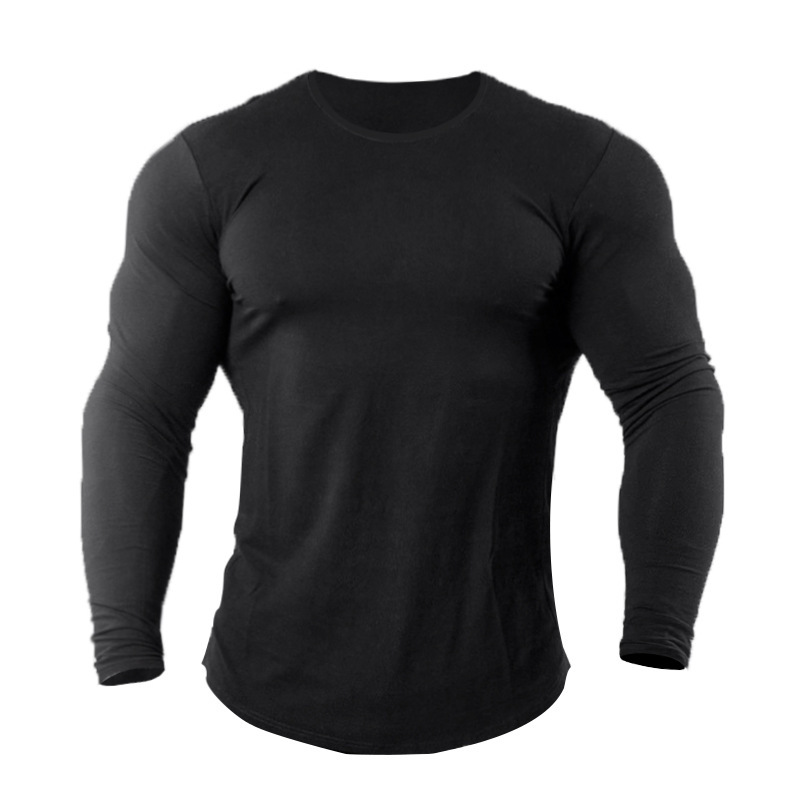 Camiseta deportiva ajustada de algod贸n para hombres musculosos, manga larga cuello redondo, transpirable y delgada, fitness y running