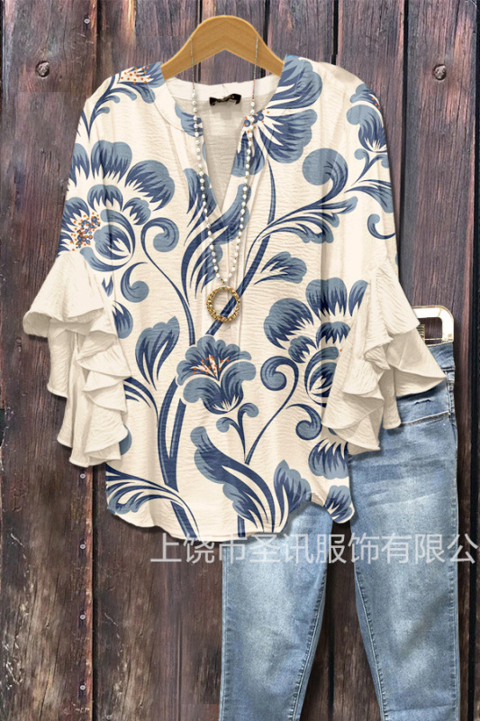 クロスボーダー独立ステーション新しいクリエイティブ花要素 3D プリントカジュアルトレンド V ネックフリル Tシャツレディーストップ|undefined