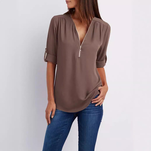  European and American shirts V-neck zipper large size women's clothes long-sleeved roll-up sleeves loose chiffon shirts Europe and America