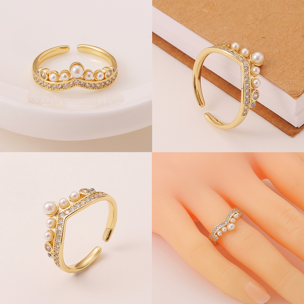 Bohemian copper micro-encrusted zircon creative pearl geometric ring