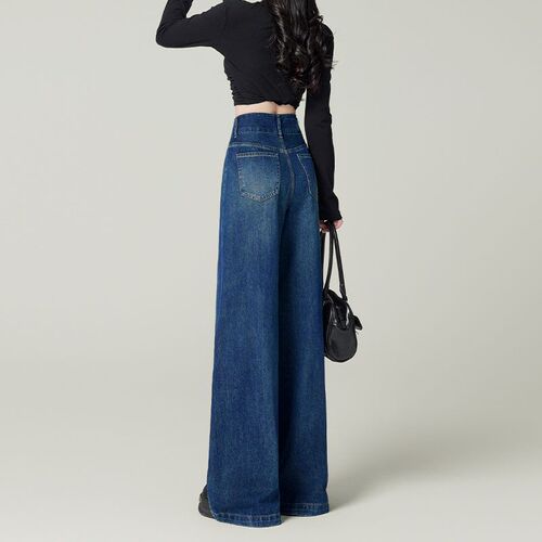 Fashionable New Style Jeans Pear Shape Elastic Women's Wide Leg Pants with Drape Floor-Length Pants with Two Buttons