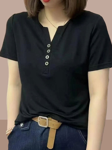 2025 summer new short-sleeved t-shirt, women's clothes, design, niche casual T-shirt, V-neck, casual and all-match
