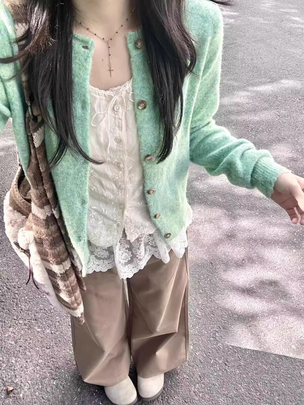 薄荷绿色复古卷边针织开衫毛衣外套女新款春秋季软糯早秋外搭上衣|undefined