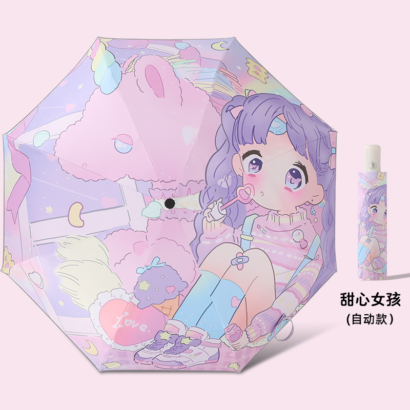 Dibujos animados conveniente automático anti-rebote niños paraguas plegable vinilo reflectante tira primaria Escuela niños paraguas