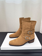 美拉得西部短靴女粗跟2025新款单靴翻折2穿扣带牛仔堆堆靴马丁靴