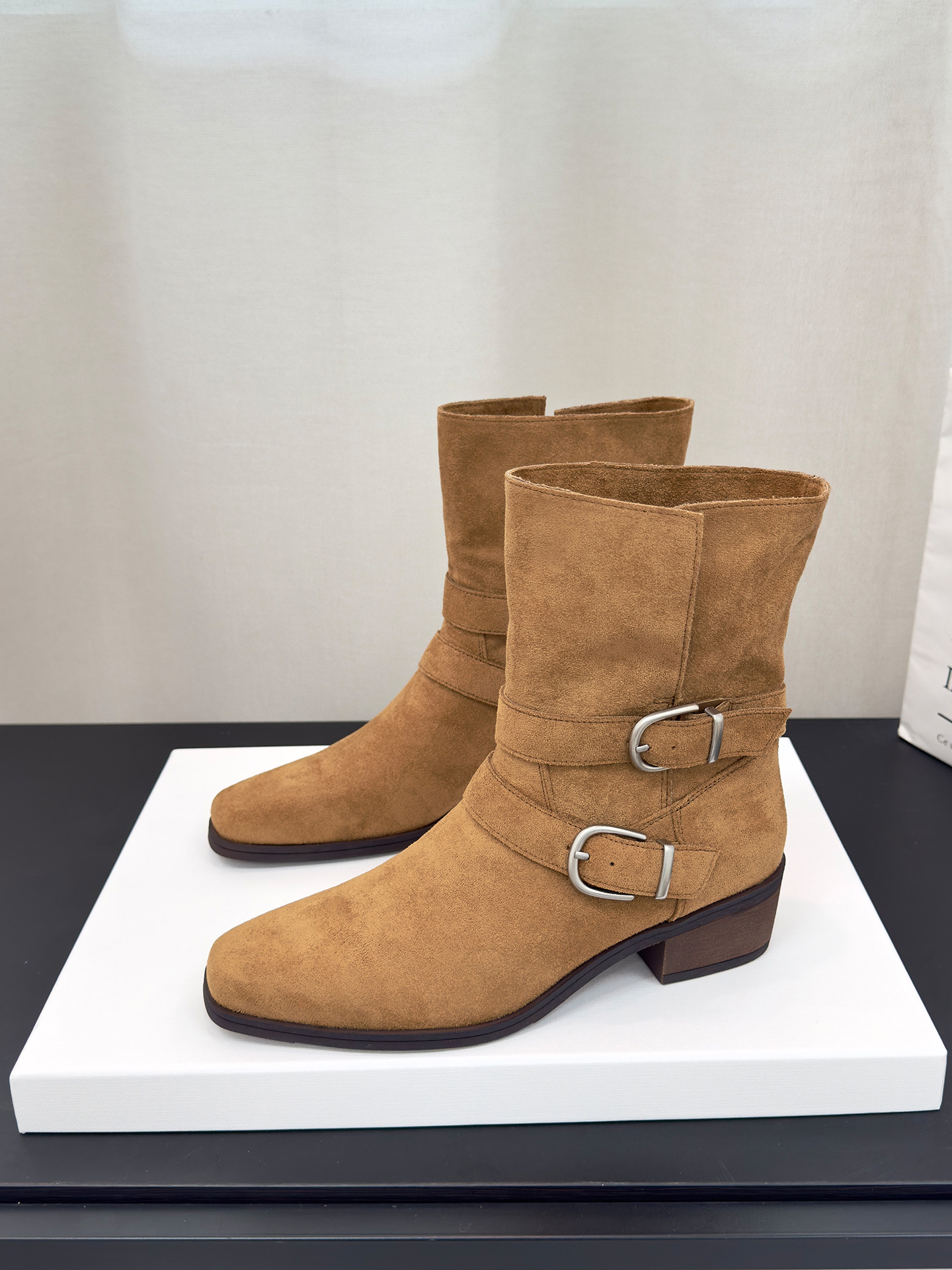 美拉得西部短靴女粗跟2025新款单靴翻折2穿扣带牛仔堆堆靴马丁靴