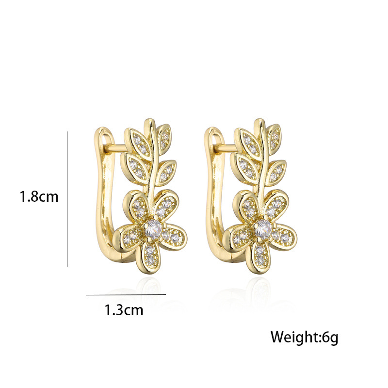 Aogu Europe And America Cross Border Hot Sale New Product Copper Plating 18k Gold Micro Inlaid Zircon Leaf-shaped Earring Female Ins Internet Celebrity Same Style display picture 1