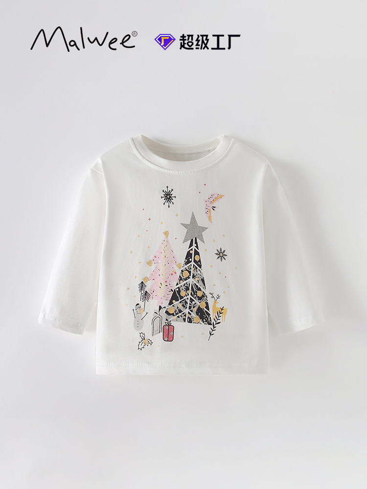 Malwee camiseta de niñas otoño y invierno nueva camiseta europea y americana para niños de cuello redondo de manga larga para niños vestidos con camisas de aire exterior