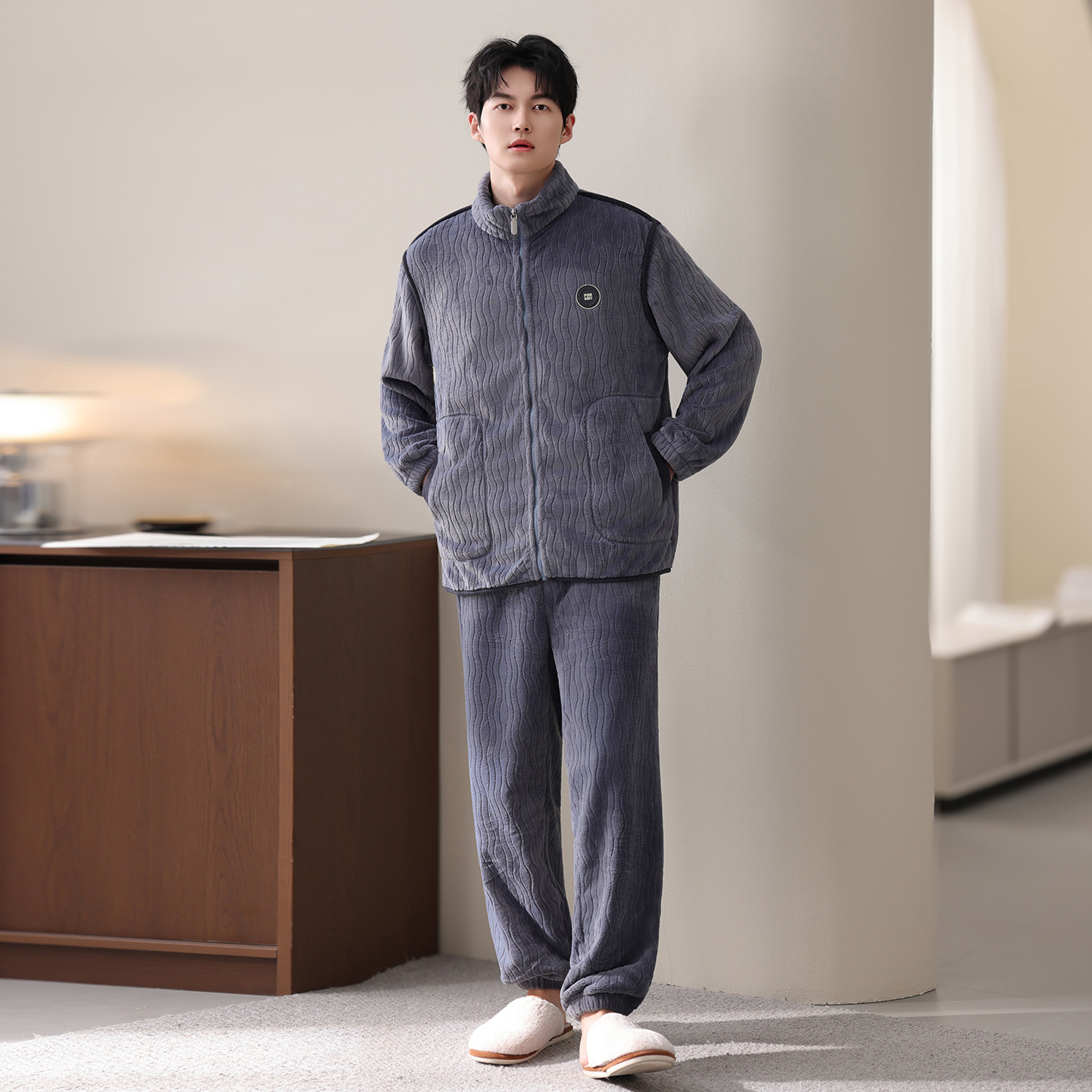 Korean Coral Velvet Stand-Up Collar Zipper Cardigan Men's Pajamas Winter Long-Sleeved Pants Thickeneded Fleece-Lined Warm Large Size