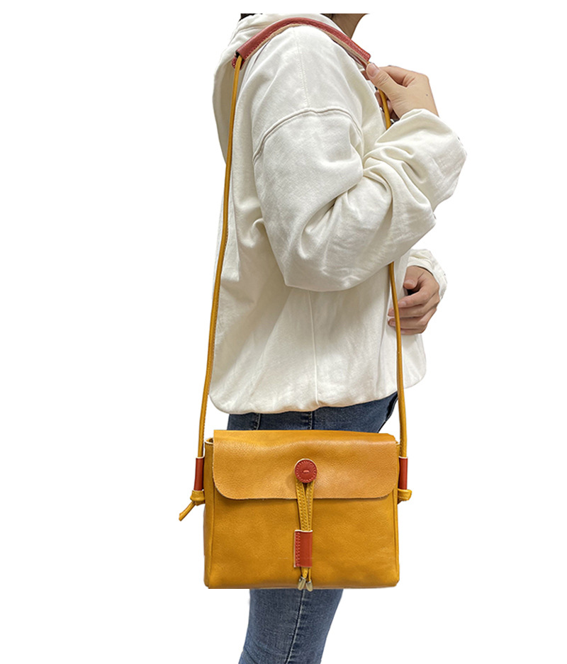 Túi đeo chéo nữ da bò thật mini sức chứa lớn phong cách đơn giản — Màu vàng, Màu tím, Màu đen, Màu nâu chi tiết 20