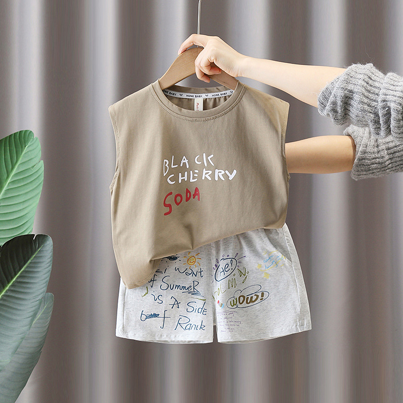 5599 traje de chaleco para niños verano sin mangas delgado vestido de verano de moda estampado de bebé versión coreana de dos piezas de moda