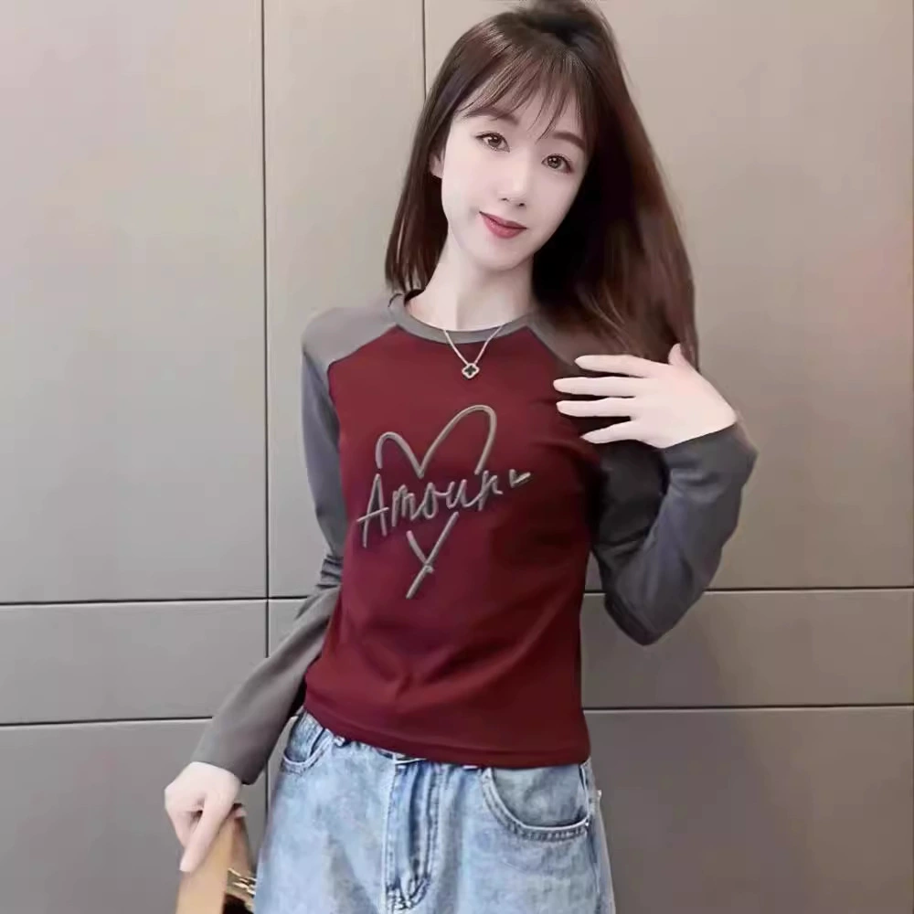 Корейский хлопковый круглый вырез с принтом с длинными рукавами