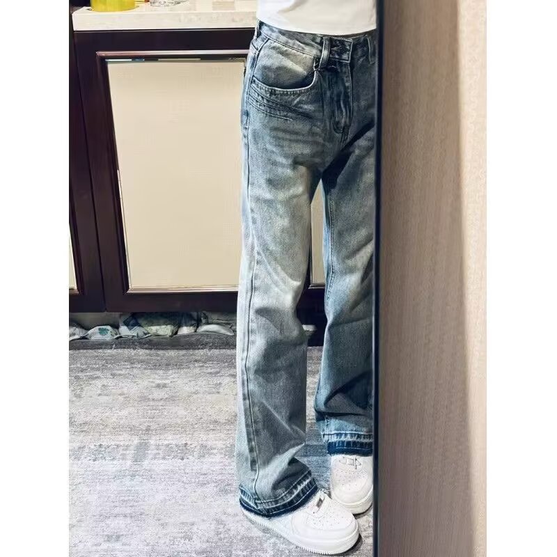 Teen Washed Denim Jeans American Style Summer Trendy Unisex High Street Loose Straight Leg Pants mid Waist Blue Long Non-Stretch_mkmklike.com