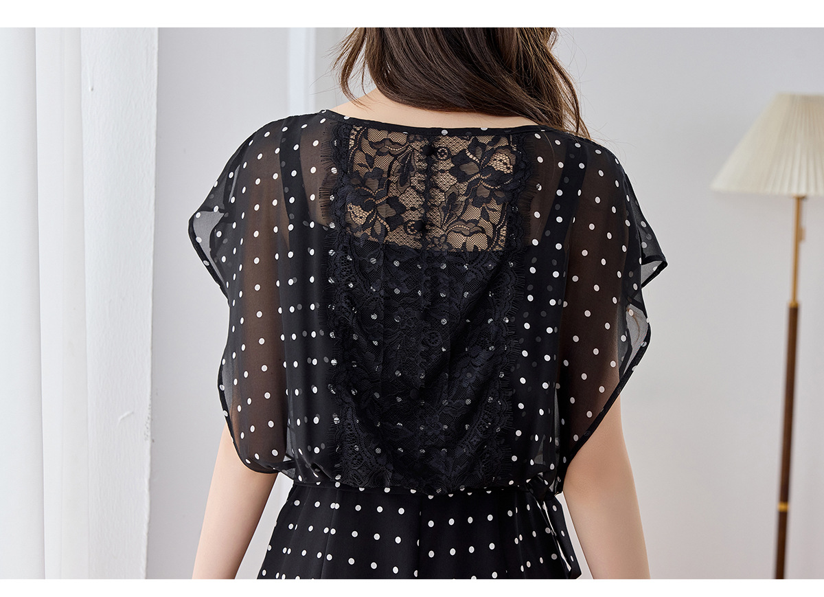 Đầm maxi nữ thắt eo thiết kế tân cổ điển cao cấp — màu đen, Chấm tròn chi tiết 23