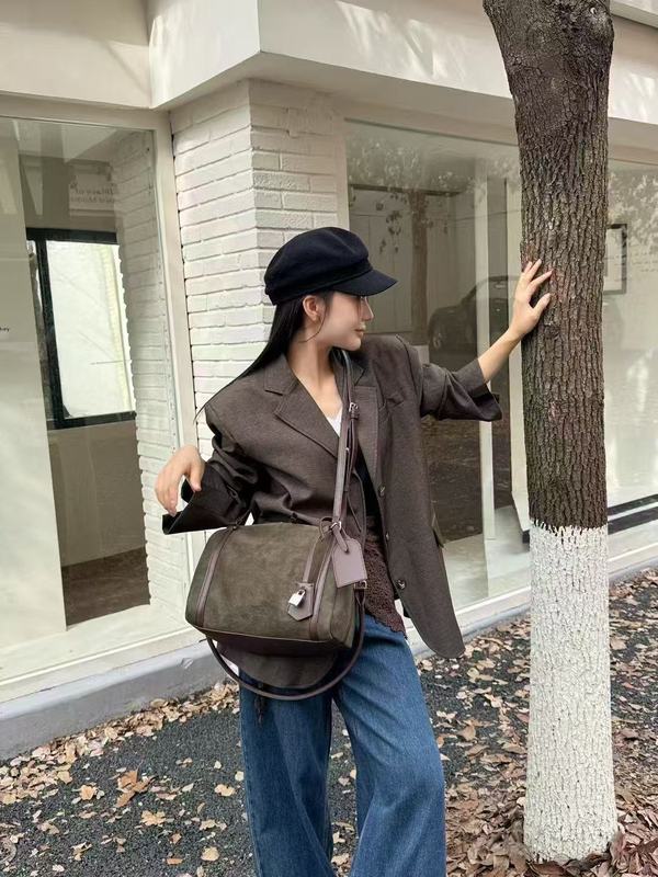 磨砂波士顿枕头包高级感复古麂皮绒大容量托特包休闲通勤斜跨包|undefined