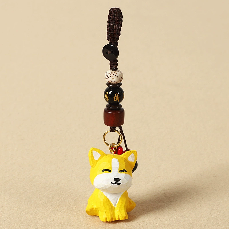 Handmade Wood Carving Keychain Pendant, Cute Dog & Fortune Designs, Birthday Gift, 10 g