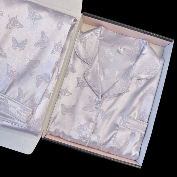 Al por mayor transfronterizo nuevo pijama de seda de hielo de mujer onda punto de dibujos animados gatito manga larga pantalones largos delgados set de ropa para el hogar