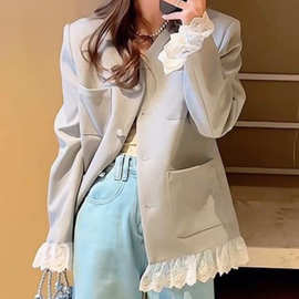 设计感小众蕾丝拼接西装外套女2026春季新款法式气质宽松显瘦上衣