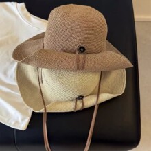 韩版高品质大帽檐卷边纽扣草帽渔夫帽女夏季度假风防晒遮阳盆帽子