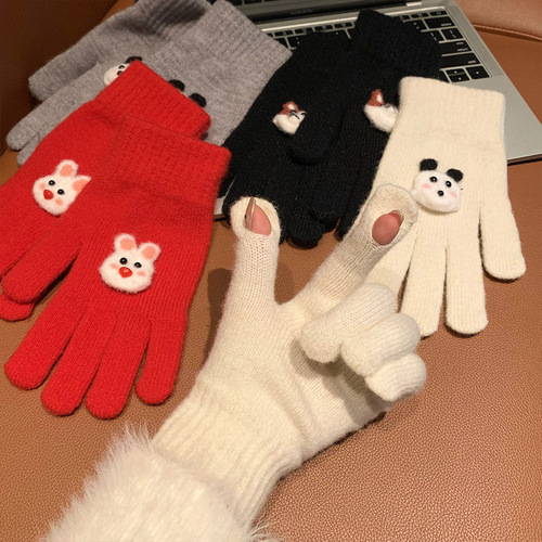 Winter cartoon cute warm gloves with fingerless touch screen students versatile cycling cold-proof minute-hand knitted gloves for women