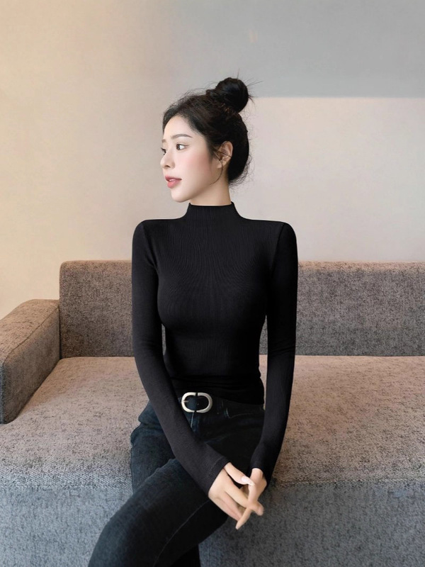 2025年秋冬新款紧身半高领长袖洋气t恤女打底衫内搭加绒中领上衣|undefined