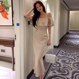 跨境女装连衣裙2025夏季新品名媛气质一字领荷叶边中长款鱼尾裙