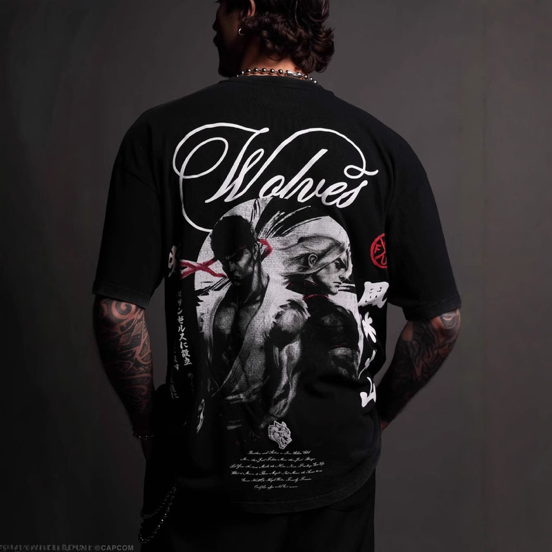 American Style Fashion Brand Wolf Street Fighter Series Hip Hop plus size Loose Small Collar Short-sleeved T-shirt for Fitness Men and Women
