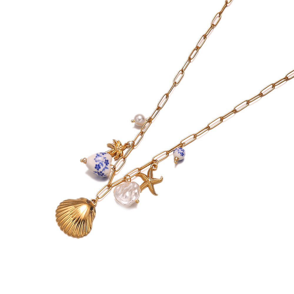 Tena nueva serie océano creativo collar de acero inoxidable pulsera patrón de cerámica árbol de coco perla joyería de concha