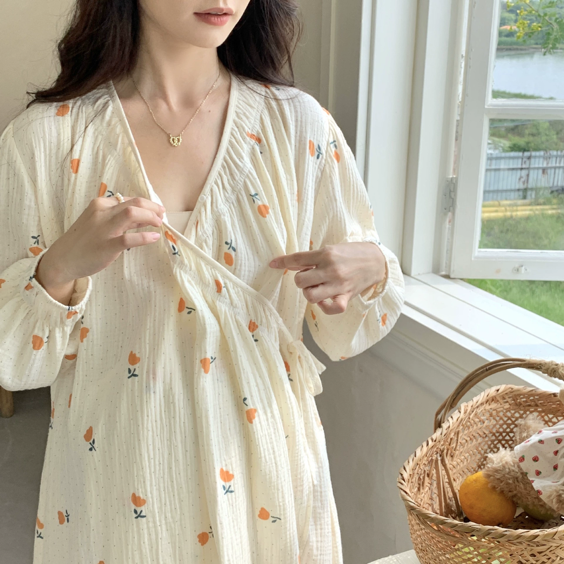 [Спот 6035] Осержка для родов осенью и зимой послеродовая сладкая хлопчатобумажная марля для беременных ночной юбка для кормления грудью юбка