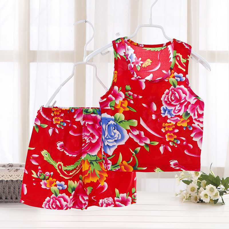 어린이 민소매 조끼 세트 실크 잠옷 어린이 동북 큰 꽃 조끼 반바지 홈 에어컨 의류 어린이 의류