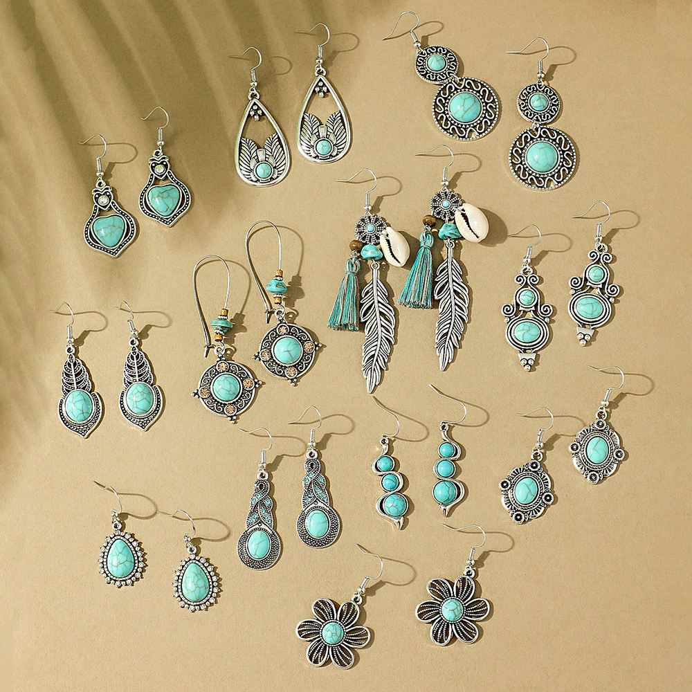 Этнические серьги, бирюзовый аксессуар, этнический стиль, с цветами, оптовая продажа