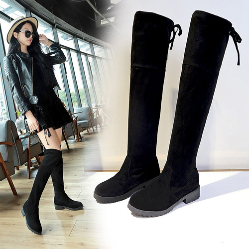 Plus-size women's boots—autumn/winter new Korean-style round-toe chunky-heeled suede fashion fleece-lined over-the-knee long boots for women