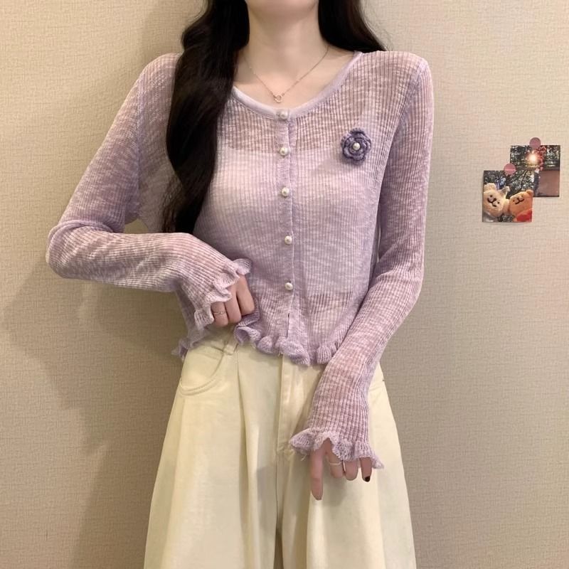 设计感软糯边薄款立体花朵防晒针织衫女春夏新款甜美长袖上衣批发|undefined
