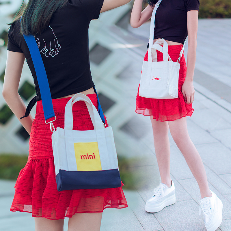 Contraste de color mini letra ins lienzo bolso de hombro bolso de mano bolsa de almacenamiento fresco todo partido 2021 bolso de lona de moda