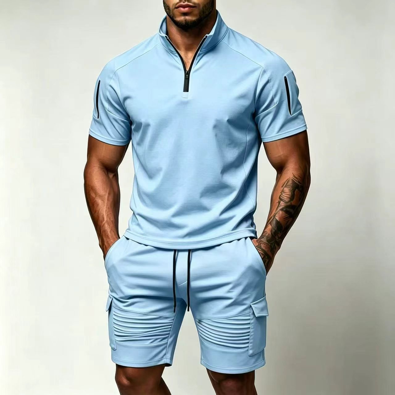 Men's Summer Tactical Sportswear Set, Quick-Dry Two-Piece Outfit With Arm Pocket For Outdoor Training & Casual Wear_viptrois.com
