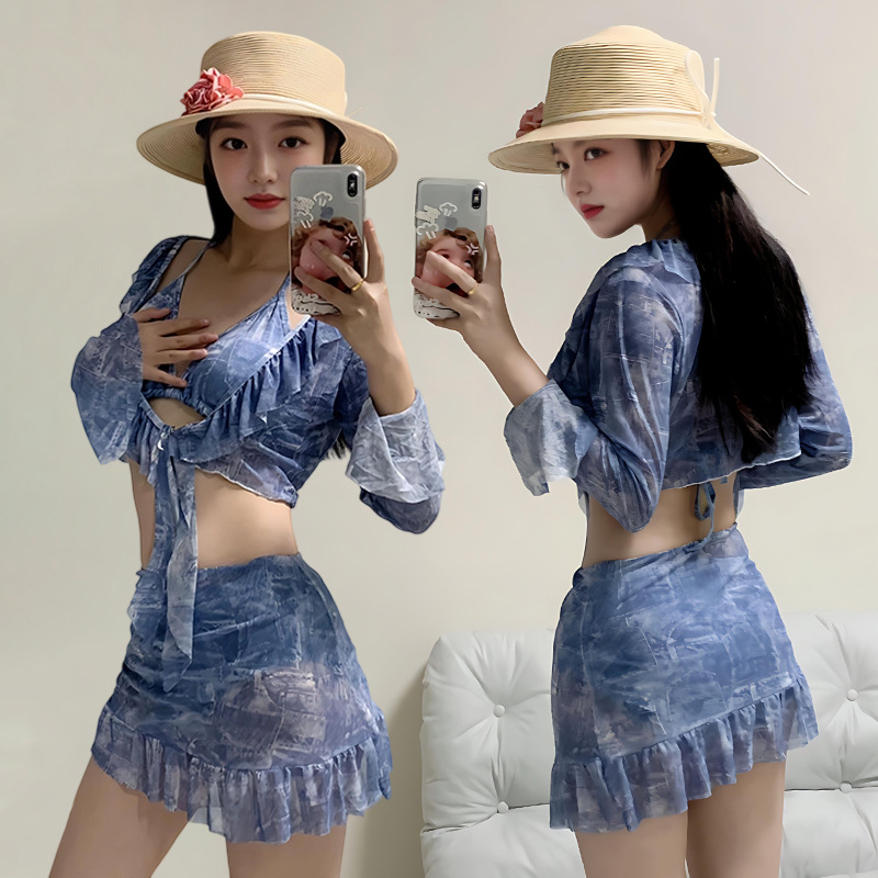 Bikini trajes de baño de mujeres en línea explotador transfronterizo dividido conjunto de cuatro piezas super sexy adelgazamiento puro quiere mangas largas trajes de baño de protección solar